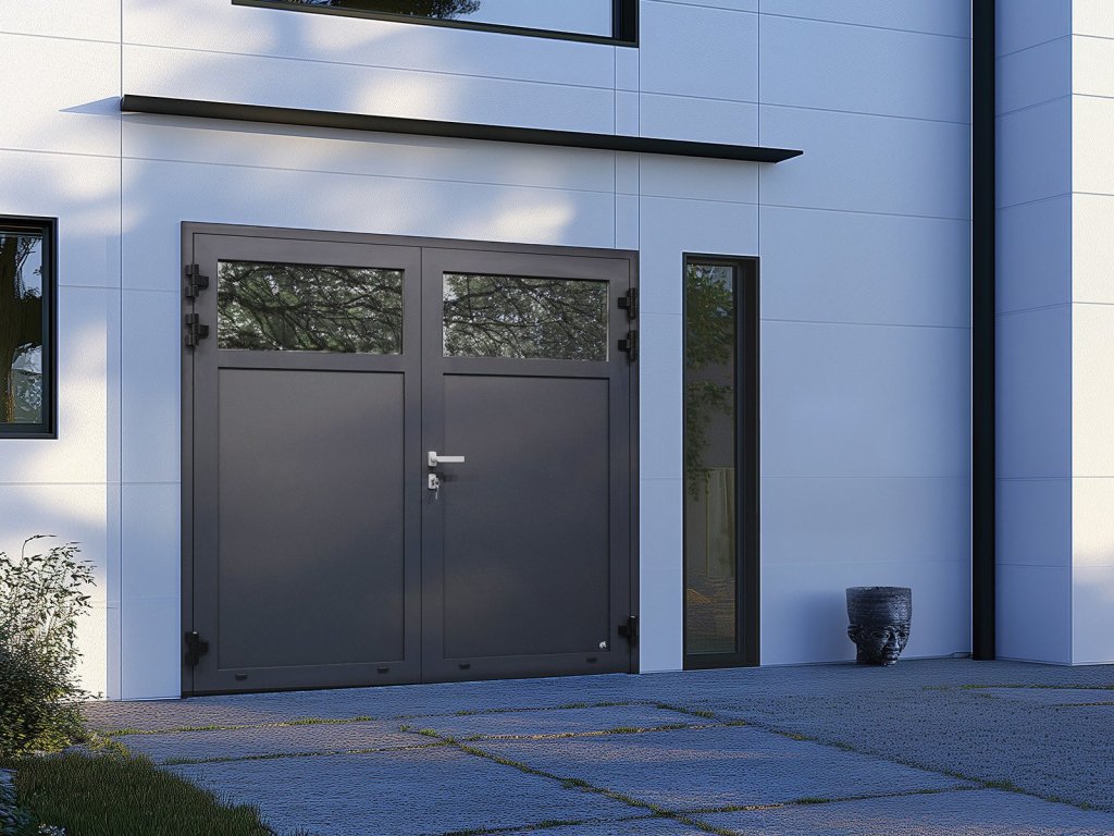 Antracieten openslaande garagedeuren in Sittard-Geleen Limburg. Stijlvolle antracieten openslaande deuren in modern design, met glazen panelen in Sittard-Geleen Limburg.