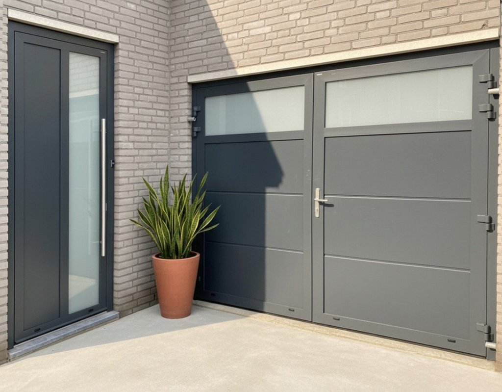 Antracieten openslaande garagedeuren in Sittard-Geleen én Limburg. Antracieten openslaande garagedeuren, met glazen panelen in Sittard-Geleen Limburg.