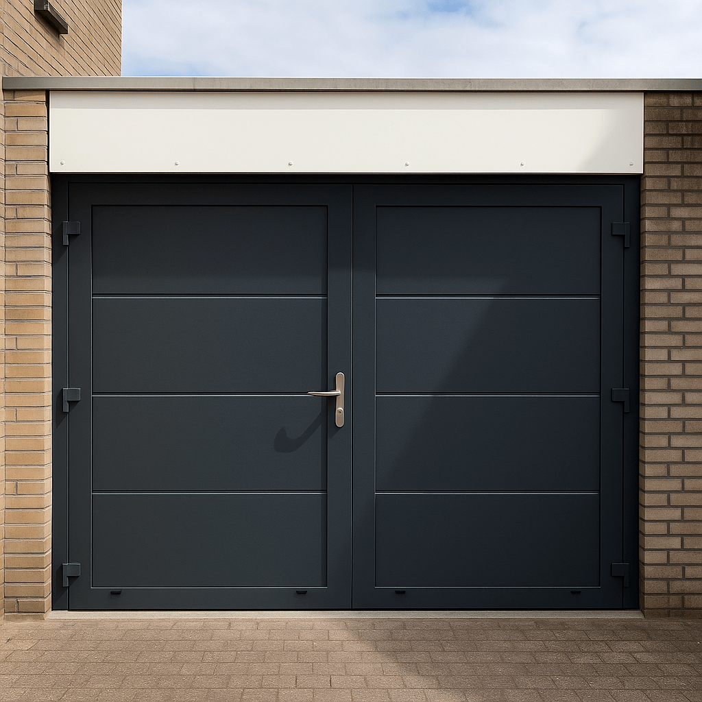 Openslaande garagedeuren voor uw garage in Sittard-Geleen én Limburg. Moderne openslaande garagedeuren in antraciet in Sittard-Geleen én Limburg.